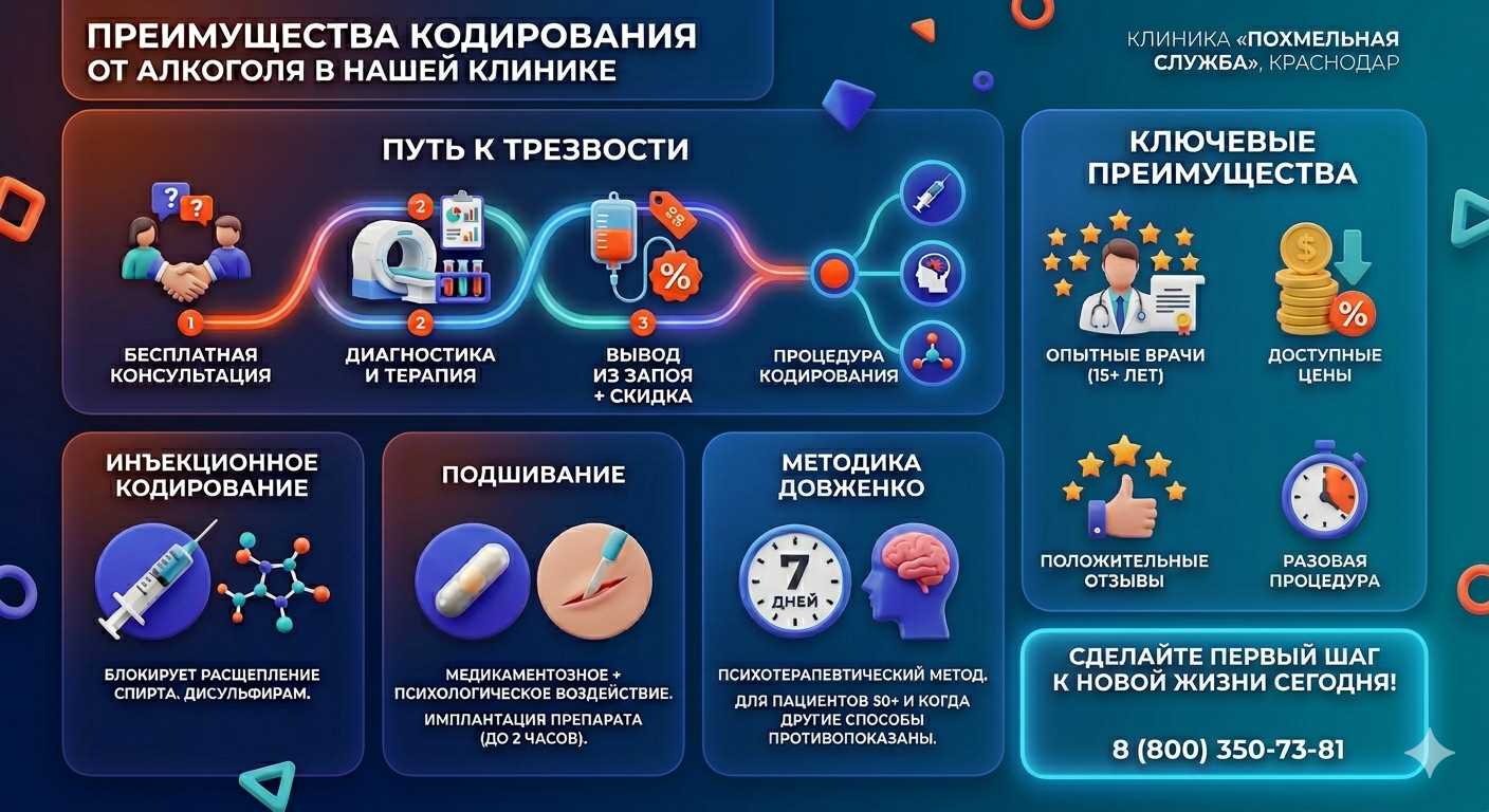 Инфографика о методах кодирования от алкоголя в Алдане: инъекции, подшивание, метод Довженко. Преимущества клиники и этапы лечения.